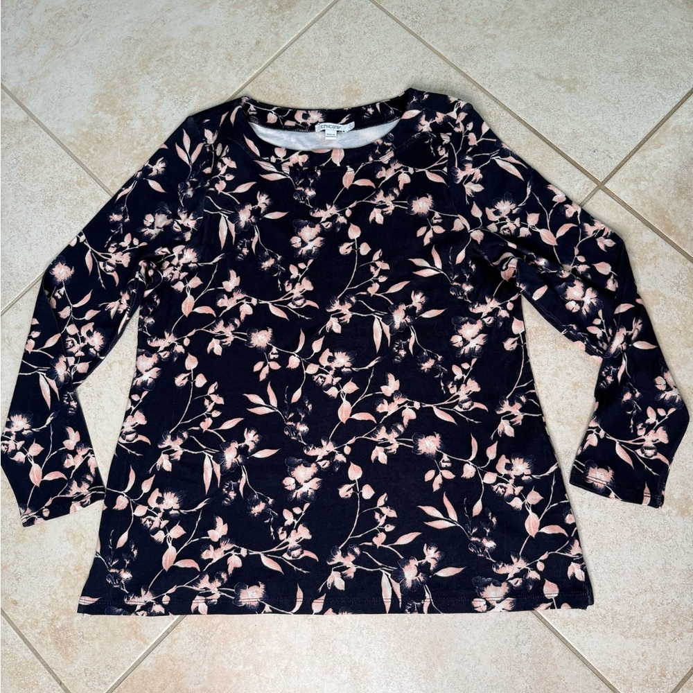Chico's Navy and Pink Floral Long Sleeve Top